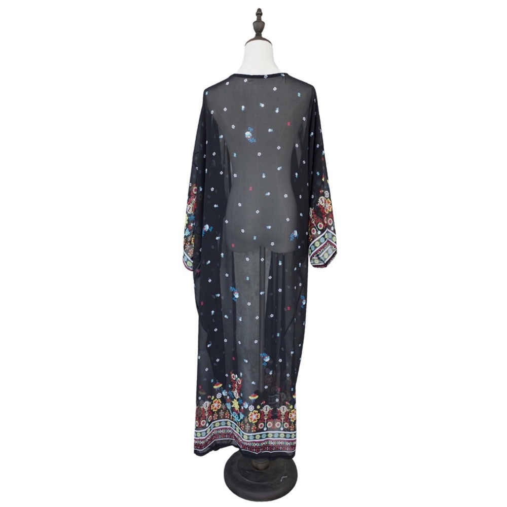 Boho Chic Black Floral Kimono Beach Coverup - Picture 13 of 16